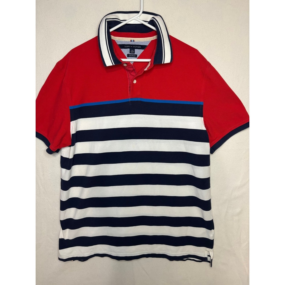 Tommy Hilfiger Lot of 2  Mens XXL Polo Shirts Striped White Red Navy Custom Fit
